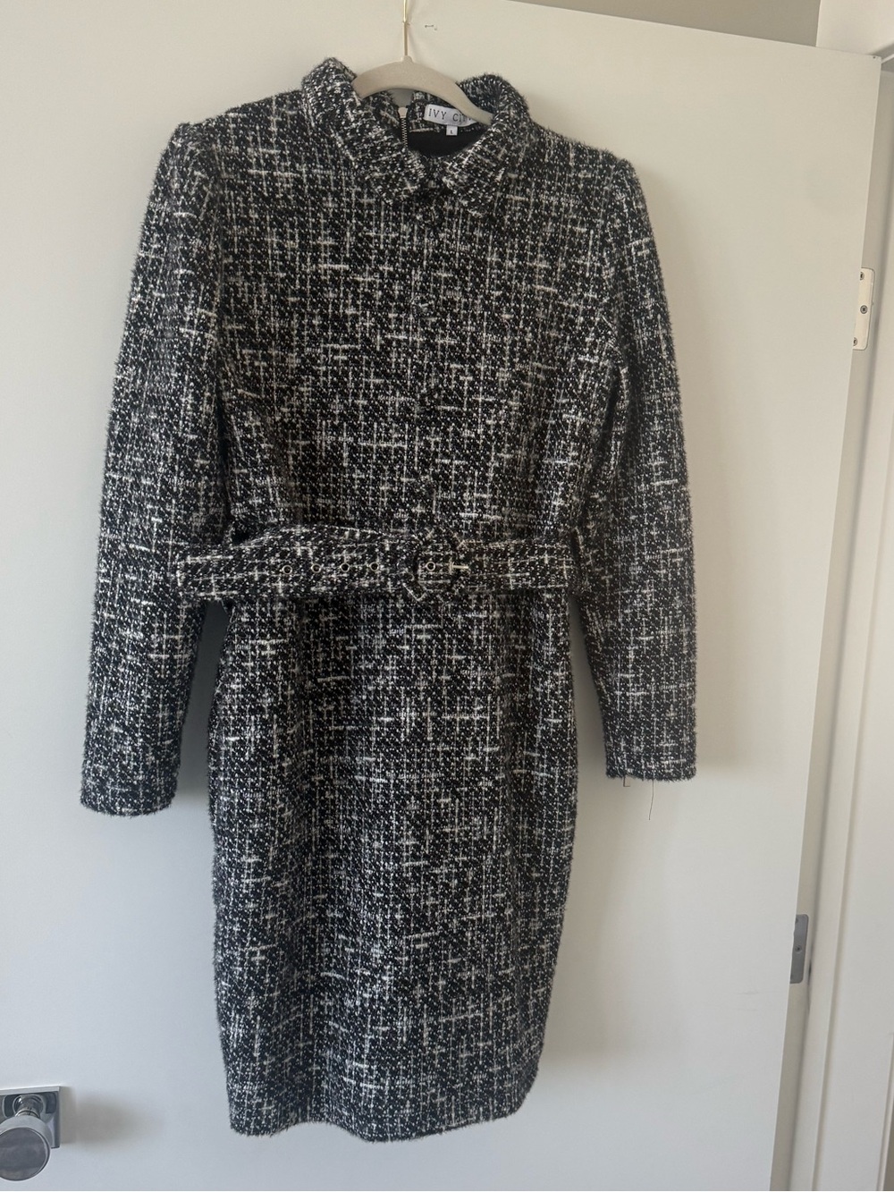 Ivy City Co Black and White Tweed Belted Long-Sleeve Dress